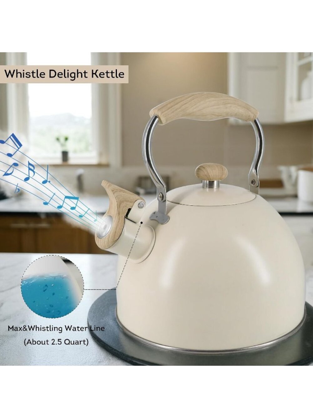 Matte Cream Kitchen Whistling Tea Kettle 2 Quart Stainless Steel Stovetop Teapot - Picture 5 of 6